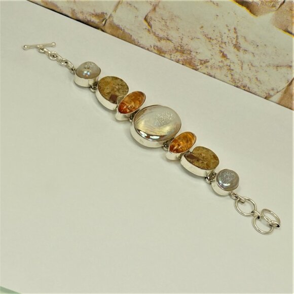 Rare Multi Stone 925 Silver Link Toggle Bracelet With Amber Ammonite Druzy MOP - Picture 3 of 16